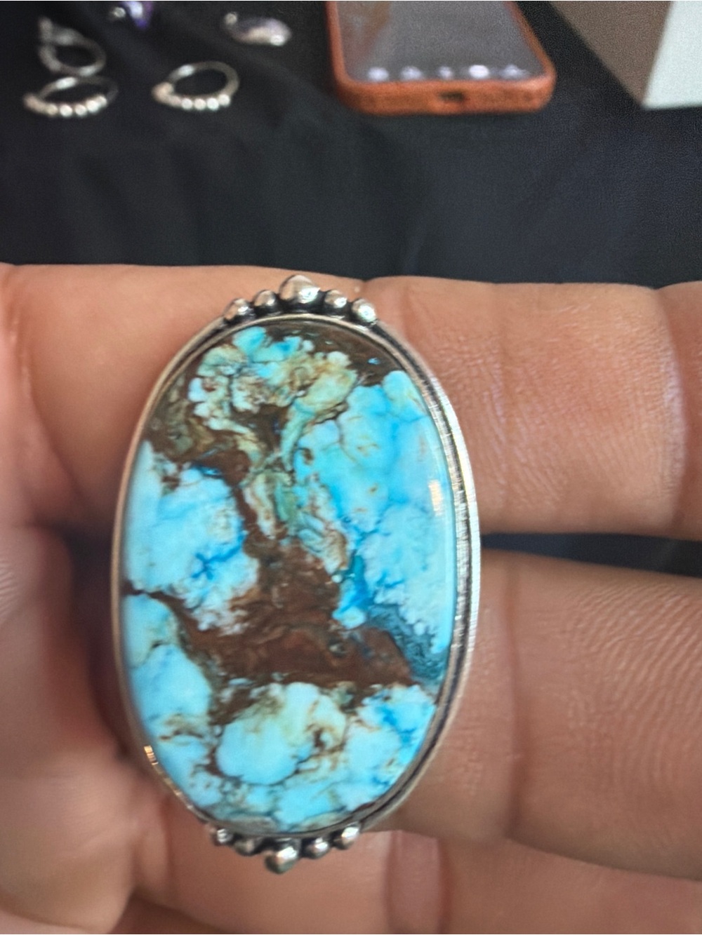 Fire King Turquoise Blue and Brown Oval Ring